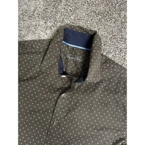 Tasso Elba Shirt Mens Medium Brown Blue Dot Pattern Long Sleeve Button Up Cotton